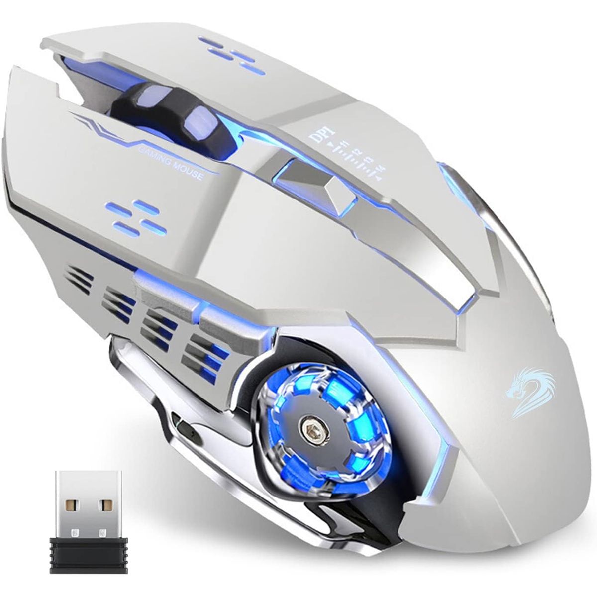 BLUEDREAMER - Ratón inalámbrico recargable para juegos, ratón óptico inalámbrico LED silencioso de 2,4 G