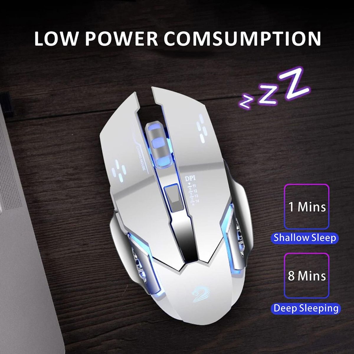 BLUEDREAMER - Ratón inalámbrico recargable para juegos, ratón óptico inalámbrico LED silencioso de 2,4 G