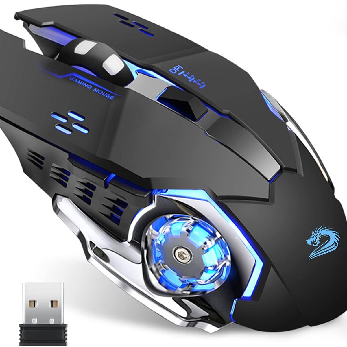 BLUEDREAMER - Ratón inalámbrico recargable para juegos, ratón óptico inalámbrico LED silencioso de 2,4 G