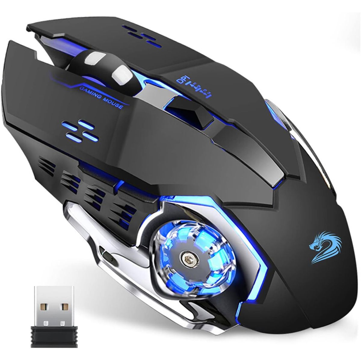 BLUEDREAMER - Ratón inalámbrico recargable para juegos, ratón óptico inalámbrico LED silencioso de 2,4 G