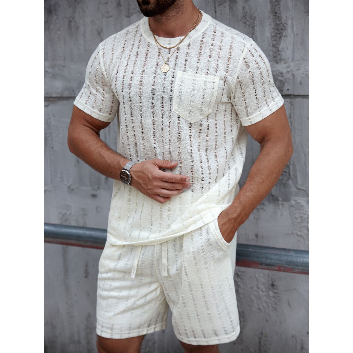 LIKE SHOP - Polera Hombre Manga Corta Tejida Estilo Casual Verano Bolsillo 0261