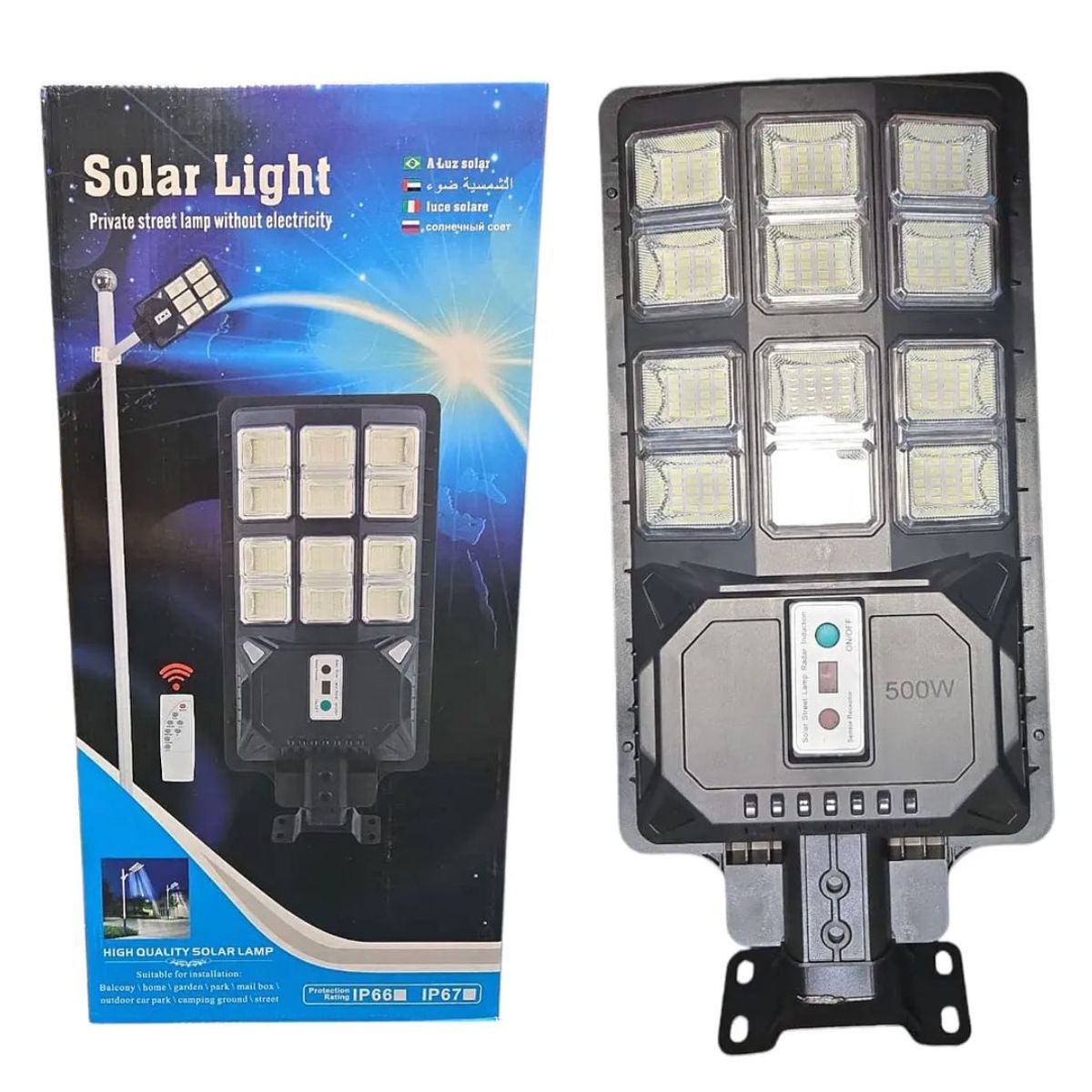 GENERICO - Foco Solar Led De Calle Jardín Alta Potencia 500w + Soporte Negro Blanco Frío