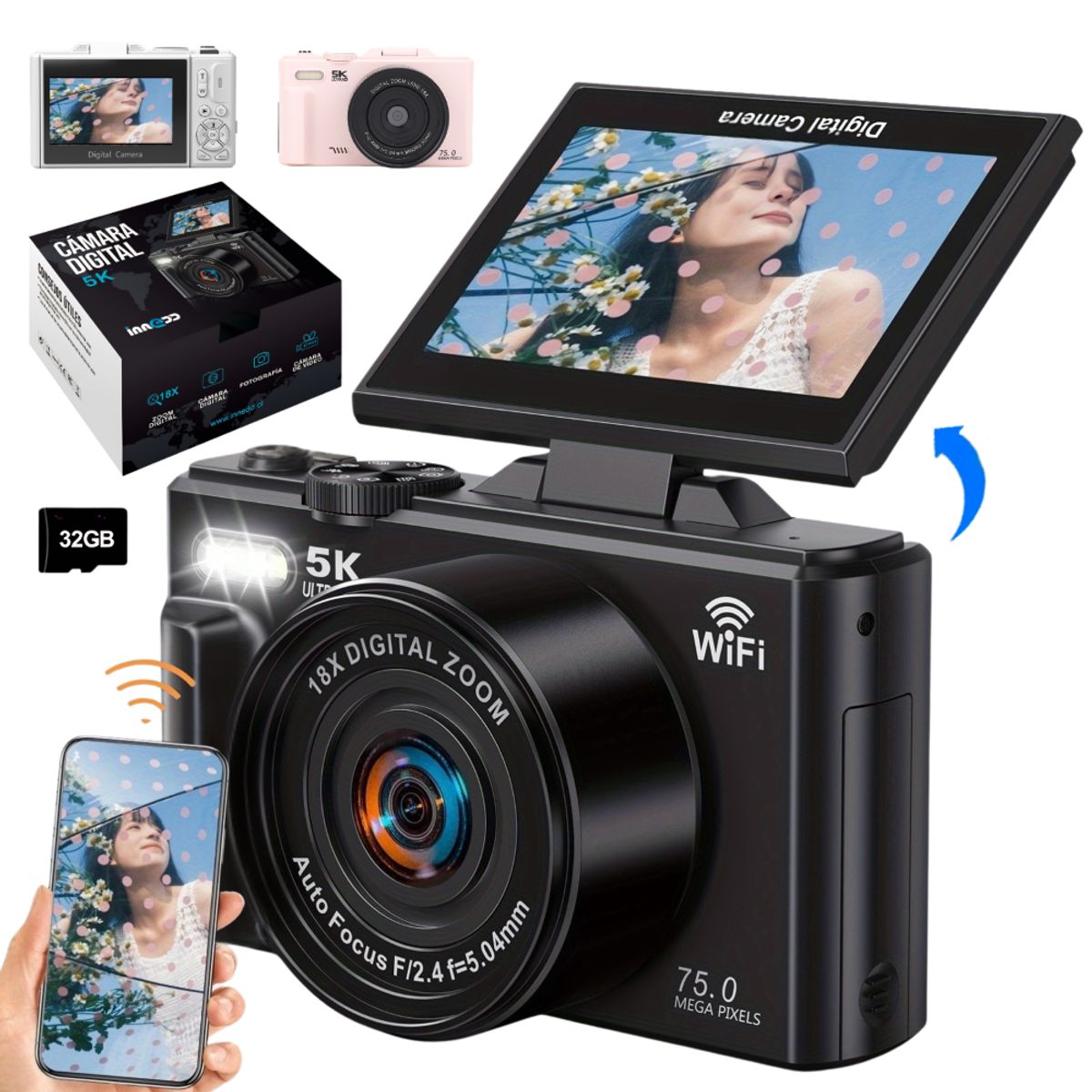 SHOOT - Cámara 5K Digital Fotografíca 75MP con Pantalla Giratoria - Innedd