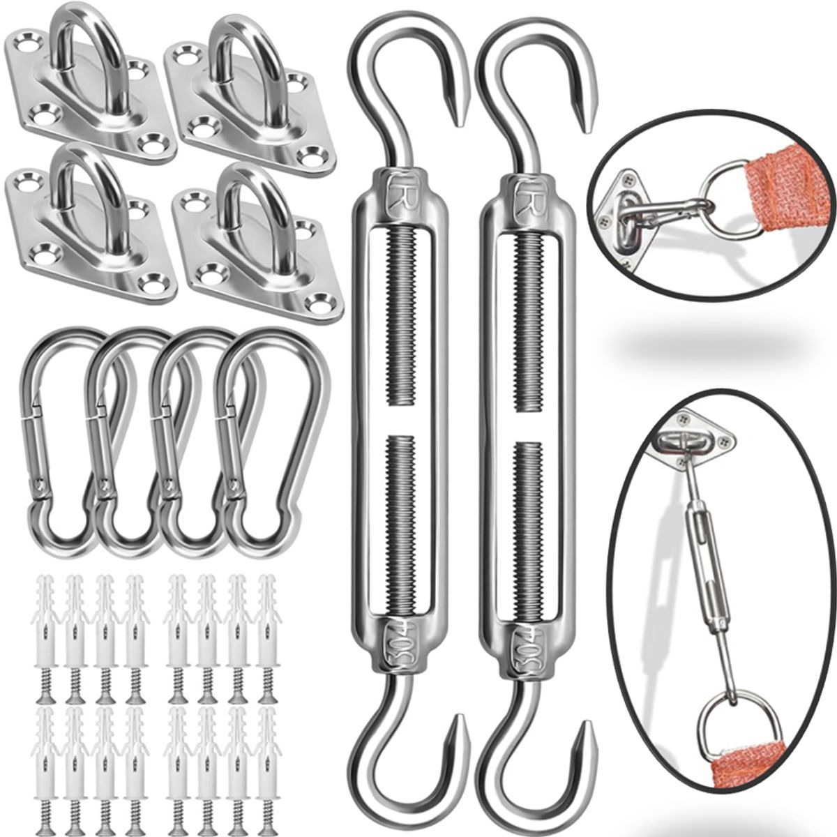 WAKESHOME - Kits de Anclaje para Toldo Vela 42 pzs Accesorios de Acero Inoxidable para Malla Sombreadora