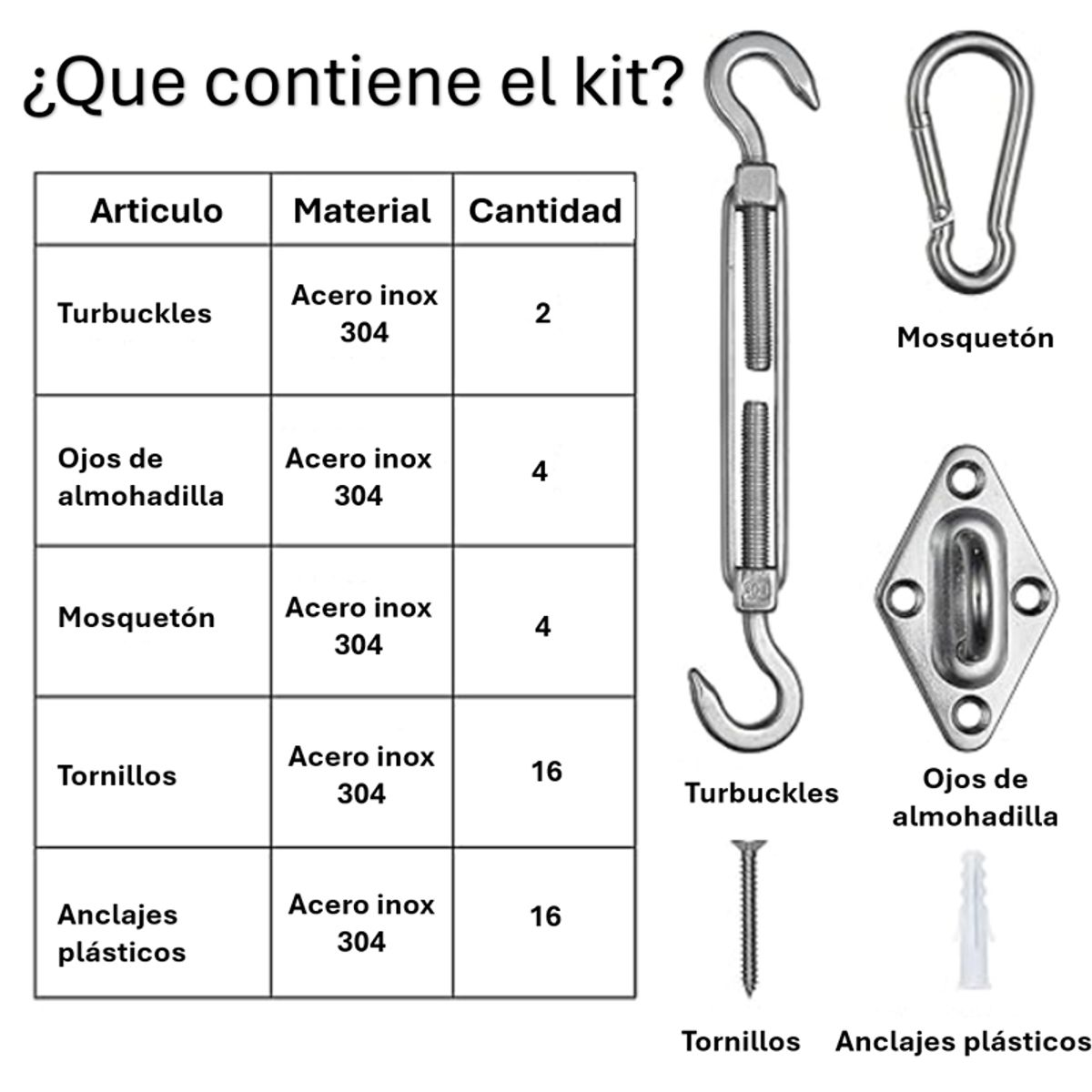 WAKESHOME - Kits de Anclaje para Toldo Vela 42 pzs Accesorios de Acero Inoxidable para Malla Sombreadora