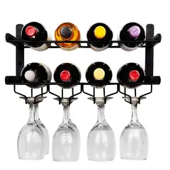 WAKESHOME - Rack de Almacenamiento de Vino Estante Flotante 2 niveles Soporte para Botellas de Vino y Copas