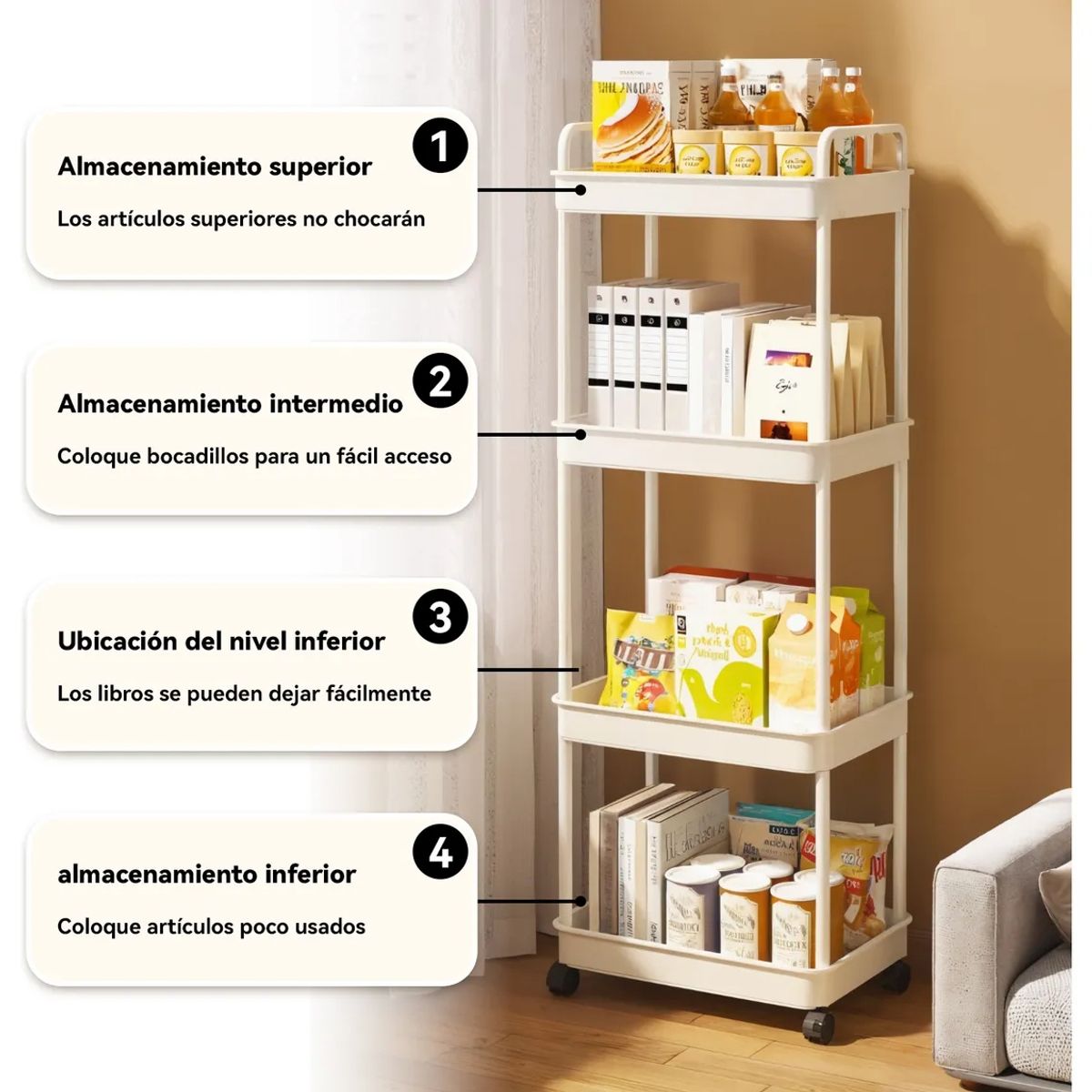 GENERICO - Carrito Organizador Con Ruedas 4 Niveles