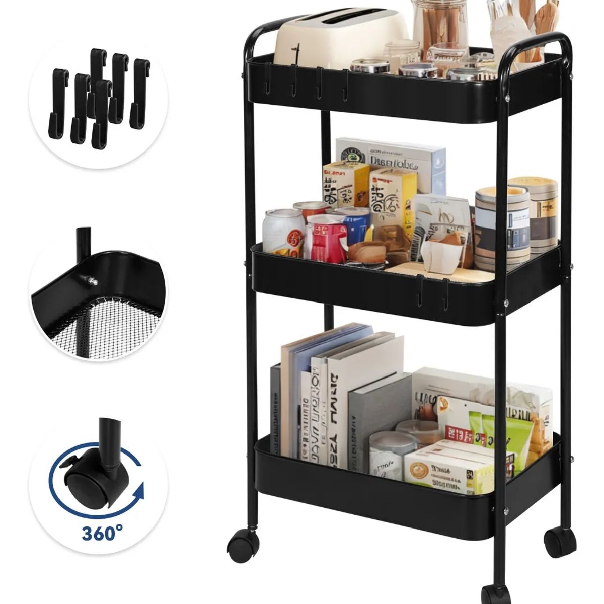 GENERICO - Carrito Organizador Metal 3 Niveles Ruedas Bloqueables Negro