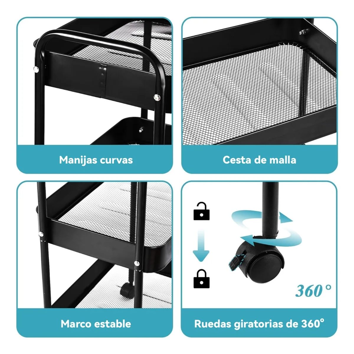 GENERICO - Carrito Organizador Metal 3 Niveles Ruedas Bloqueables Negro
