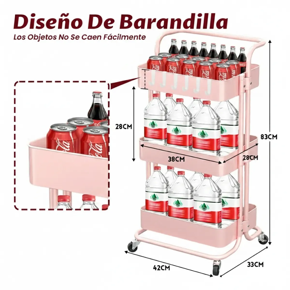 GENERICO - Carrito Organizador Metálico Con Asa Ruedas 3 Niveles