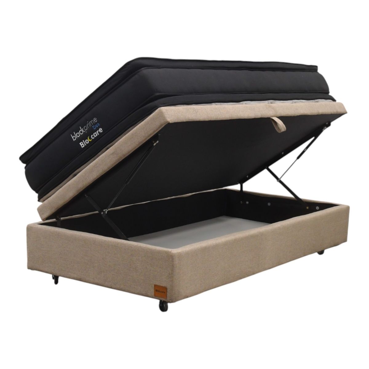 BLOCCARE - Cama Baul 1.5 Plaza L190 cm + Colchon Black Prime - Modelo Dos / Con Rueda Pyton (Beige)