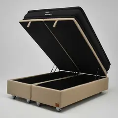 BLOCCARE - Cama Baul 2 Plaza L200 cm + Colchon Black Prime - Modelo Dos / Con Rueda Deluxe (Beige)
