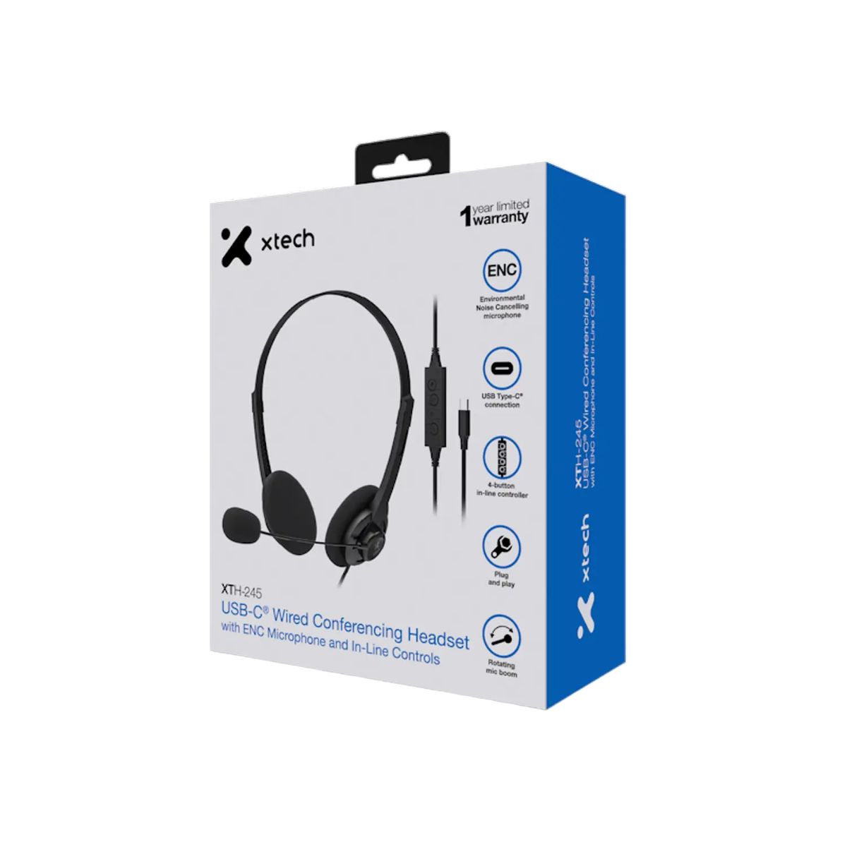 XTECH - Xtech XTH-245 Audífonos USB-C para Conferencias, Micrófono Omnidireccional, ENC, Control en Cable, Estéreo