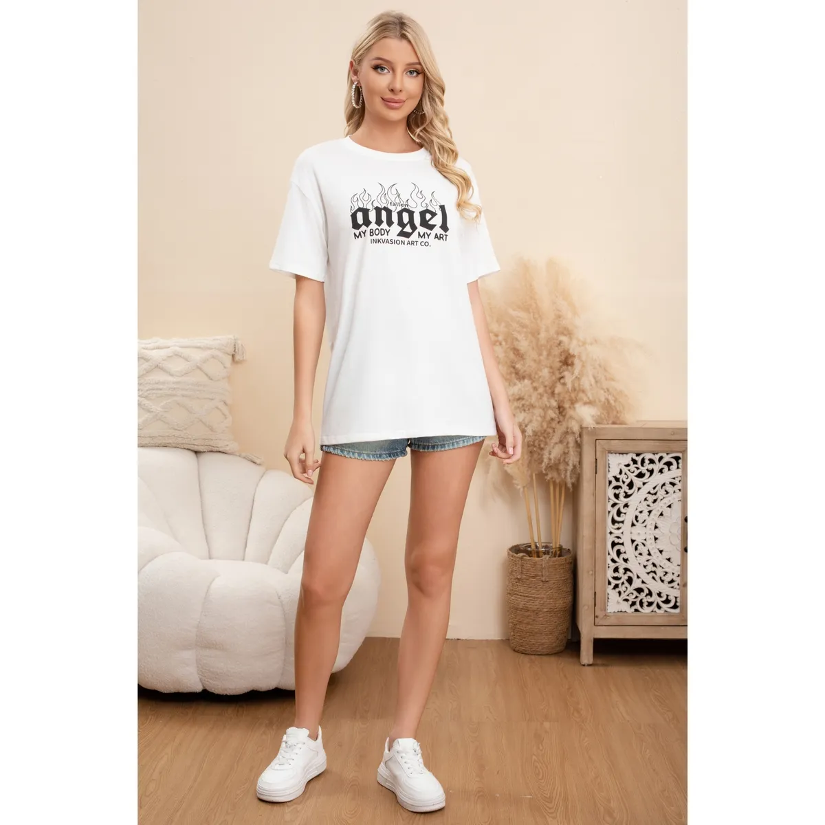 LIKE SHOP - Polera Mujer Algodon Manga Corta Oversize Angel 061
