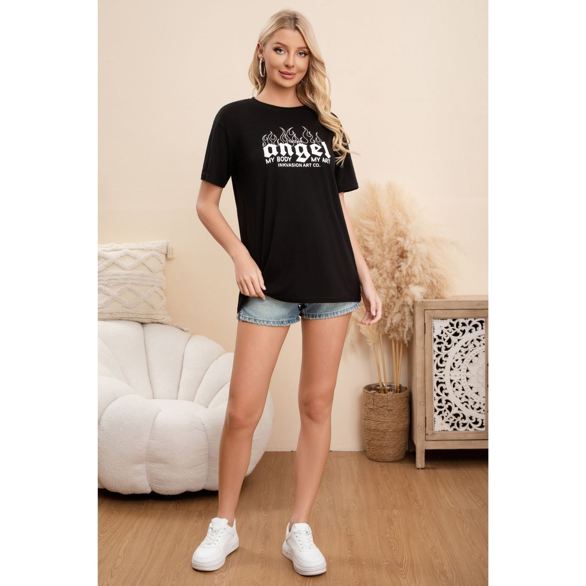 LIKE SHOP - Polera Mujer Algodon Manga Corta Oversize Angel 061