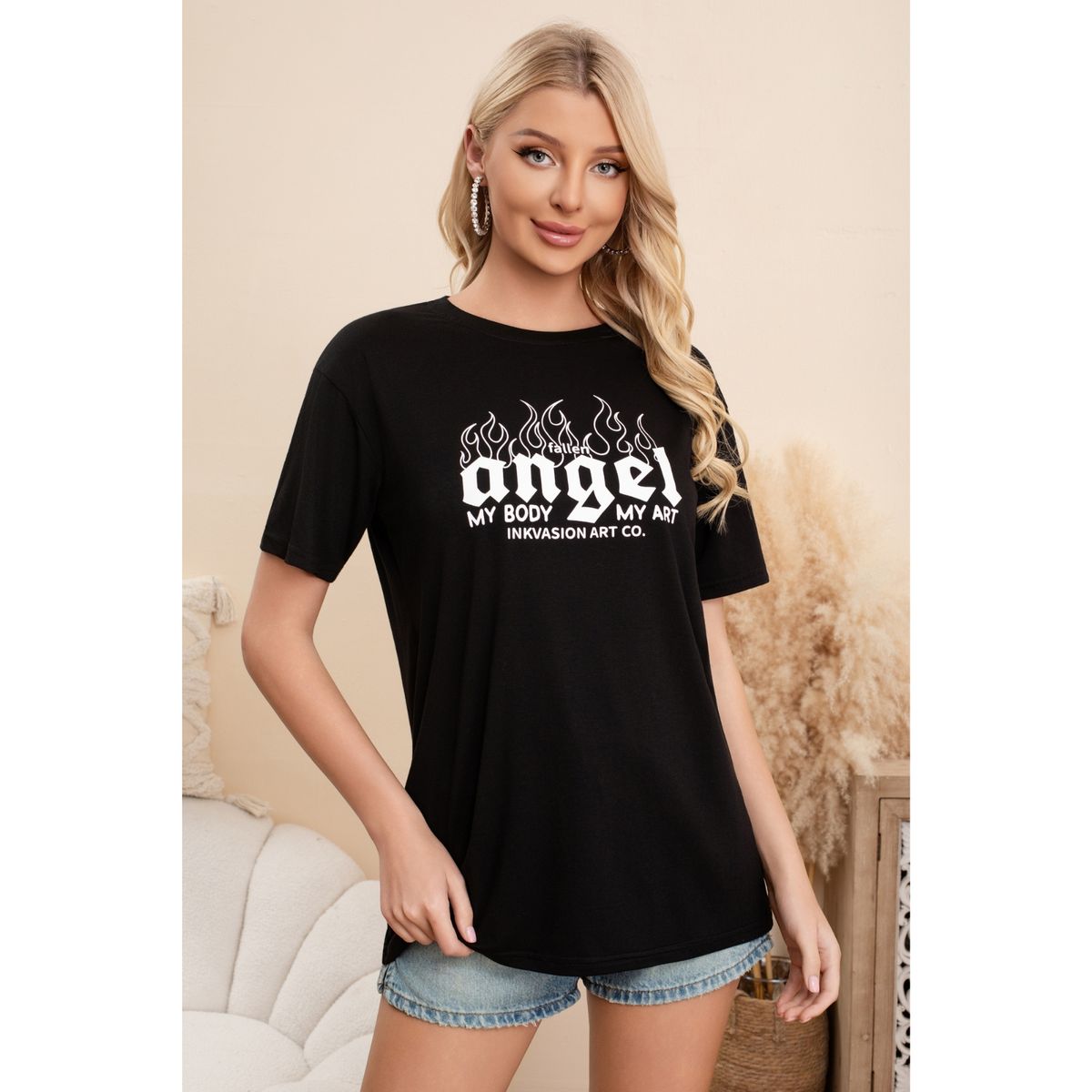 LIKE SHOP - Polera Mujer Algodon Manga Corta Oversize Angel 061