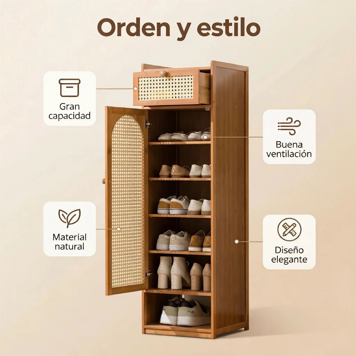 IDEEHOUSE - Zapatero Organizador Hogar Firme Bambu 31x31x94cm Marrón