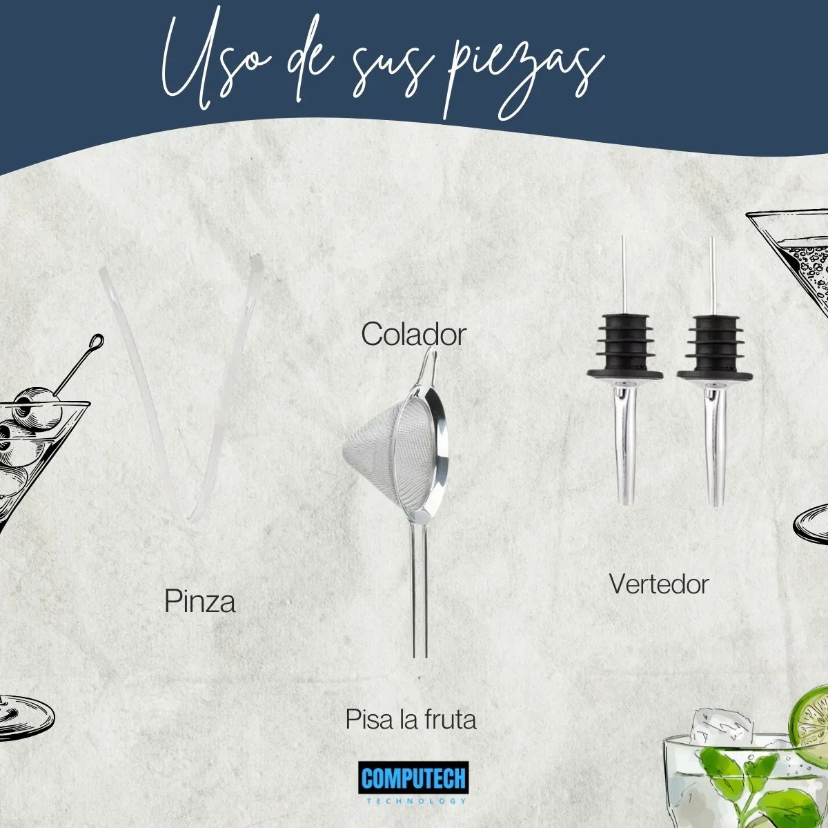 COMPUTECH - Set Coctelería Bartender Mixología Coctelera Acero Y Bambú