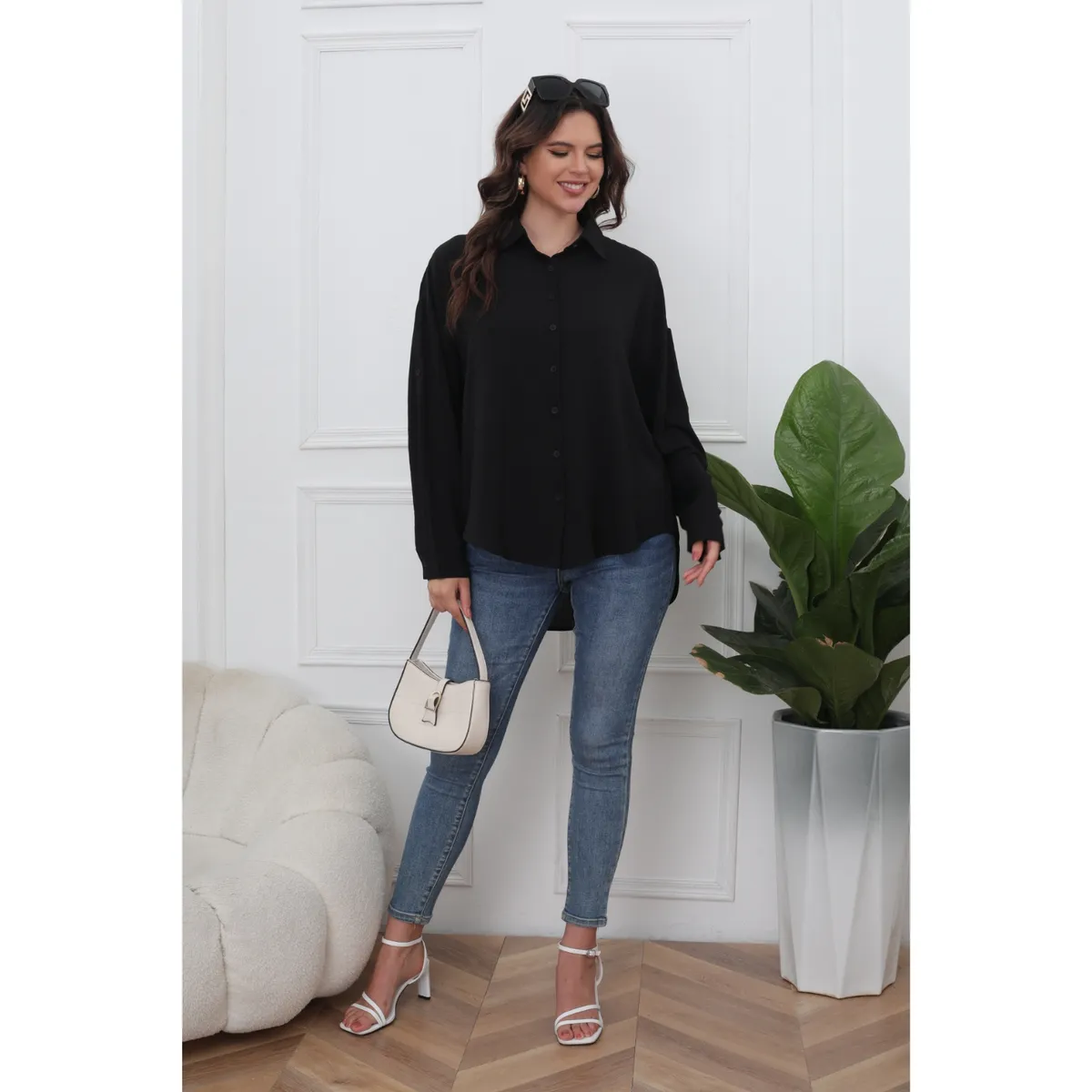 LIKE SHOP - Blusa Mujer Algodón Manga Larga Semi Formal Botones 0072