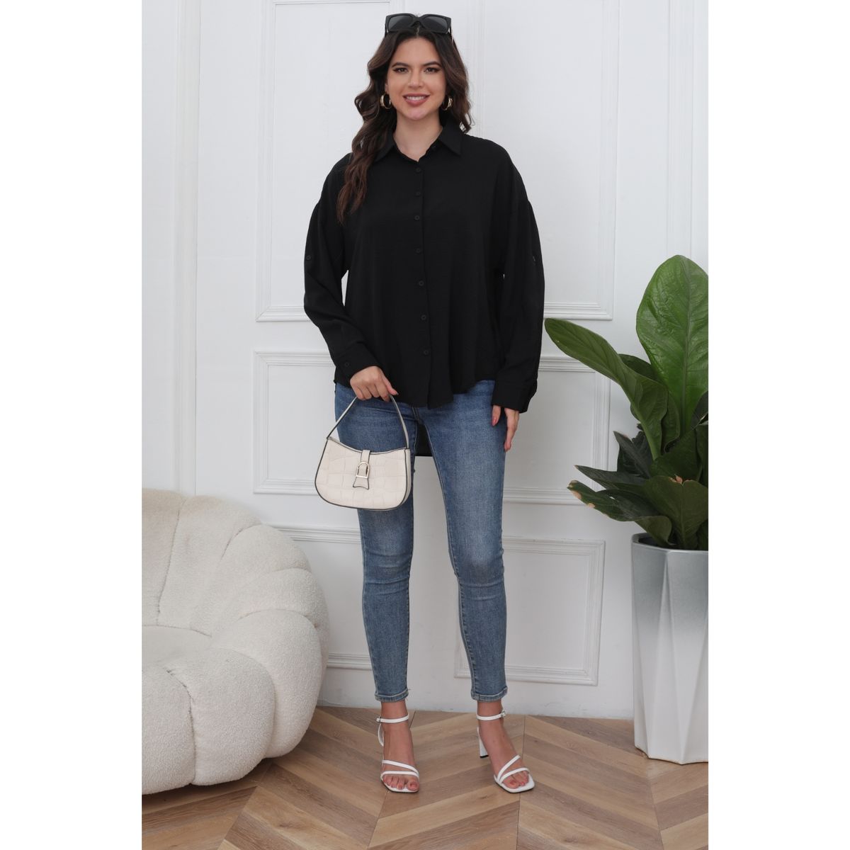 LIKE SHOP - Blusa Mujer Algodón Manga Larga Semi Formal Botones 0072