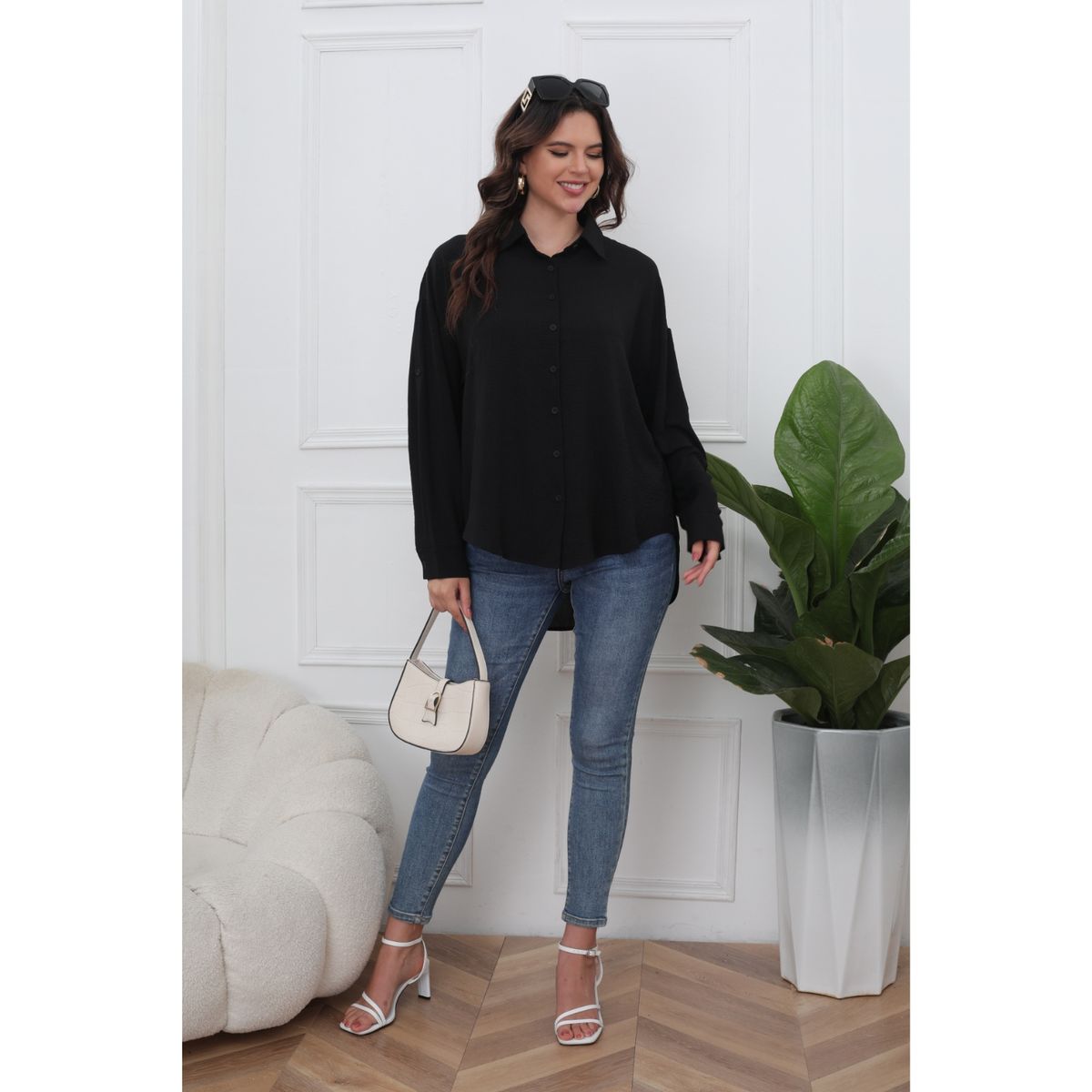 LIKE SHOP - Blusa Mujer Algodón Manga Larga Semi Formal Botones 0072