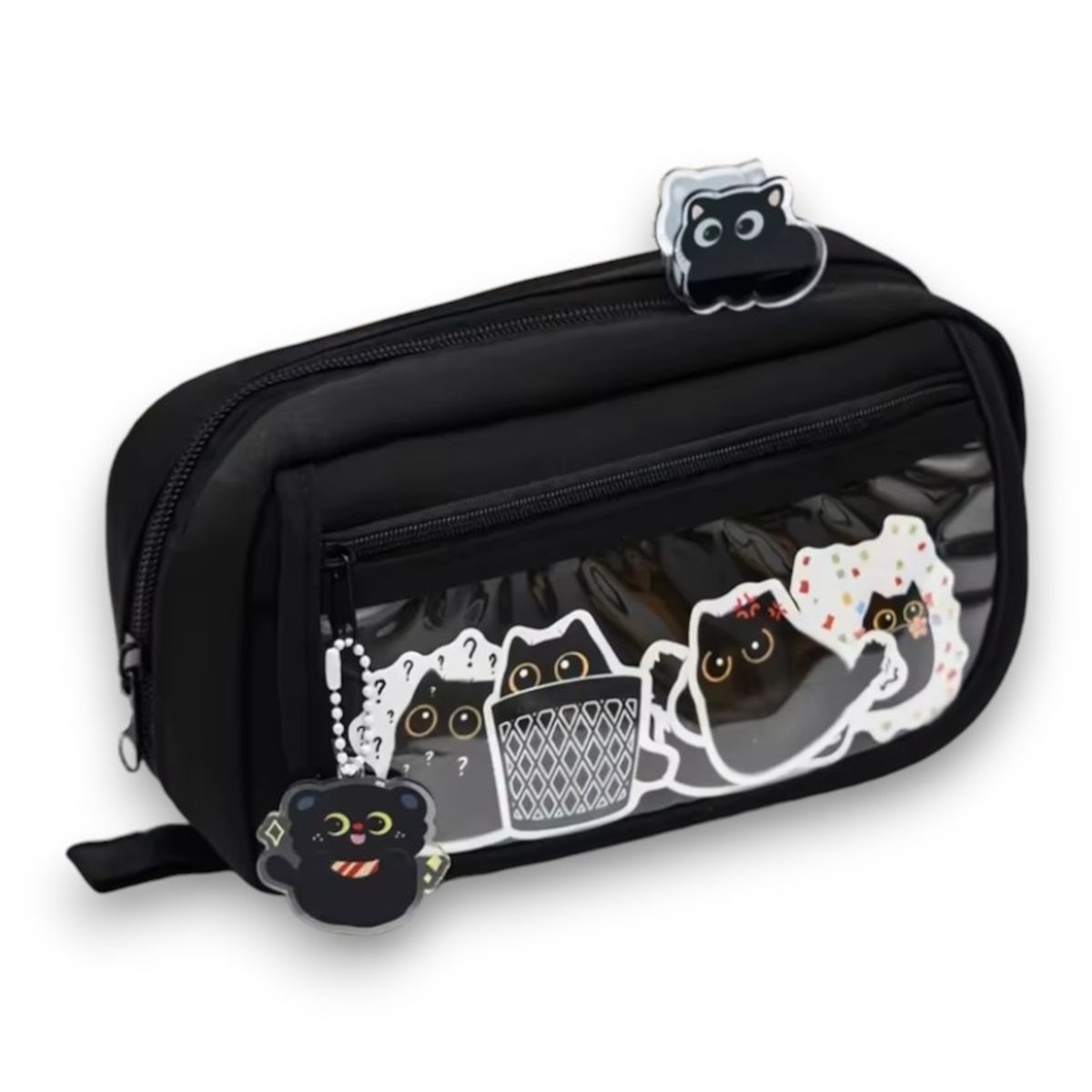 GENERICO - Estuche Negro + Stickers Gatos Tierno Kawaii Escolar