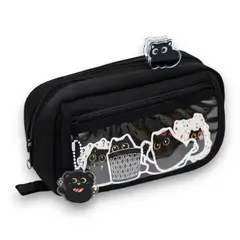 GENERICO - Estuche Negro + Stickers Gatos Tierno Kawaii Escolar
