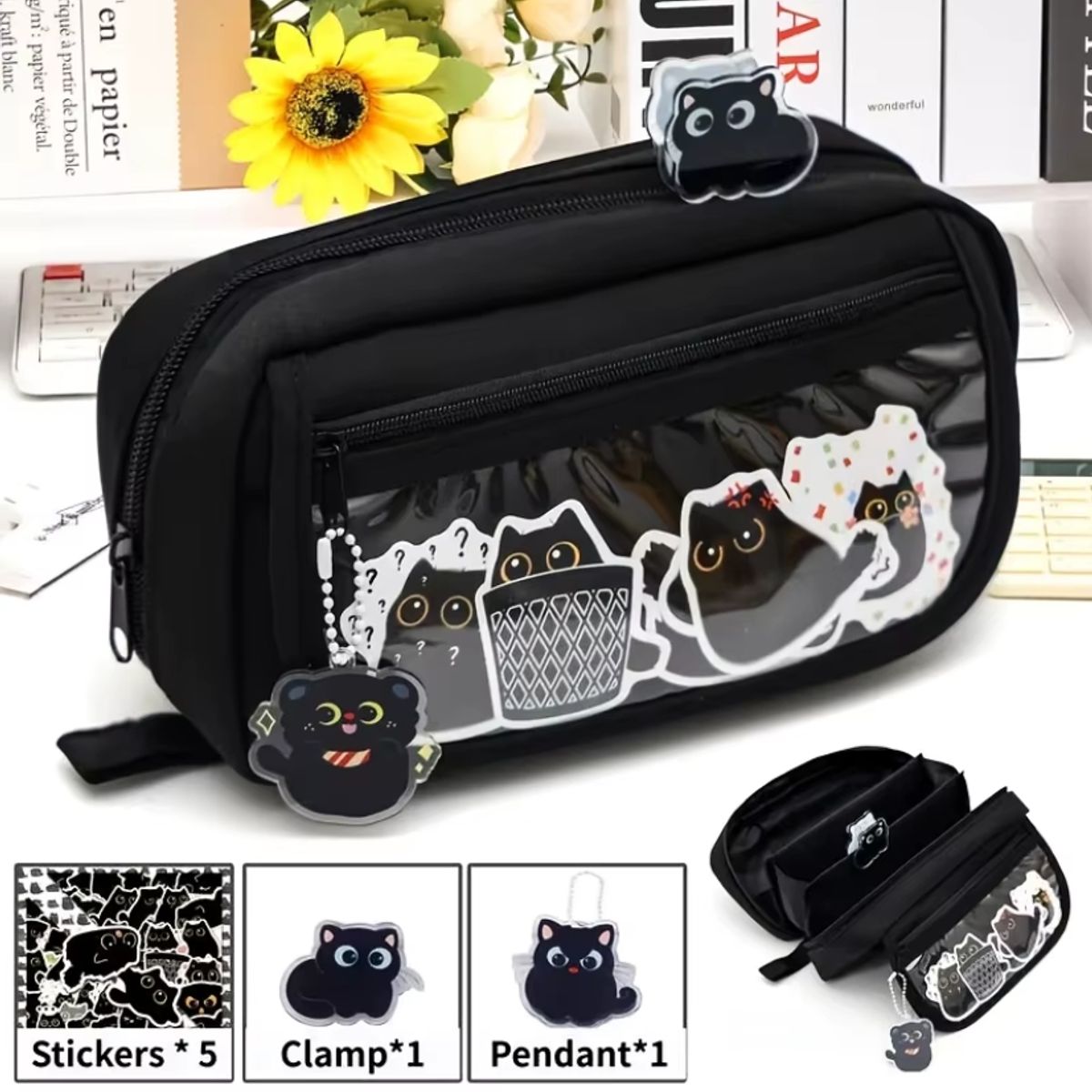 GENERICO - Estuche Negro + Stickers Gatos Tierno Kawaii Escolar