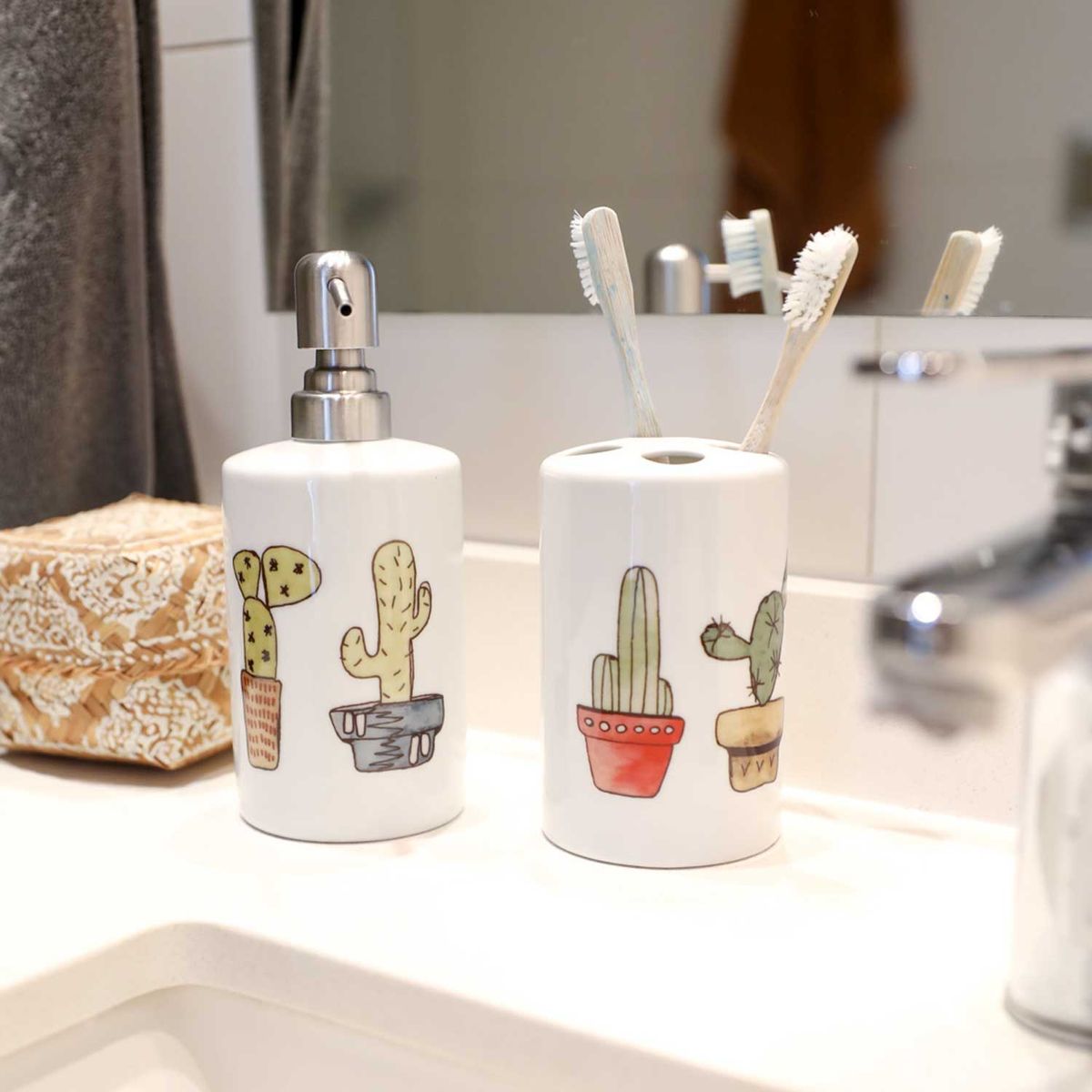 PAPER HOME - Set de baño Cerámica diseño cactus 2 piezas Paper-Home
