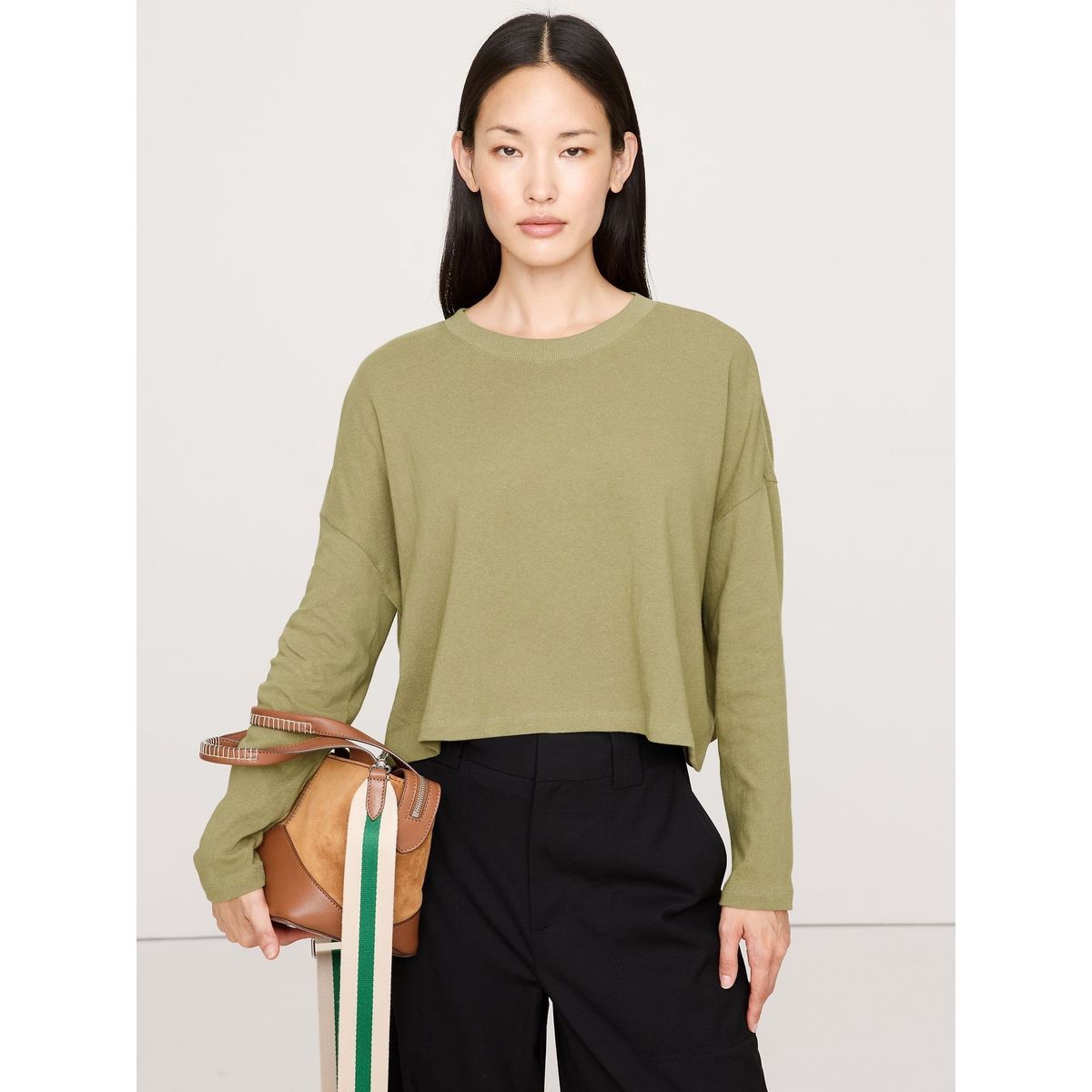 BANANA REPUBLIC - Polera Mujer Banana Republic Algodón Manga Larga Cropped Verde