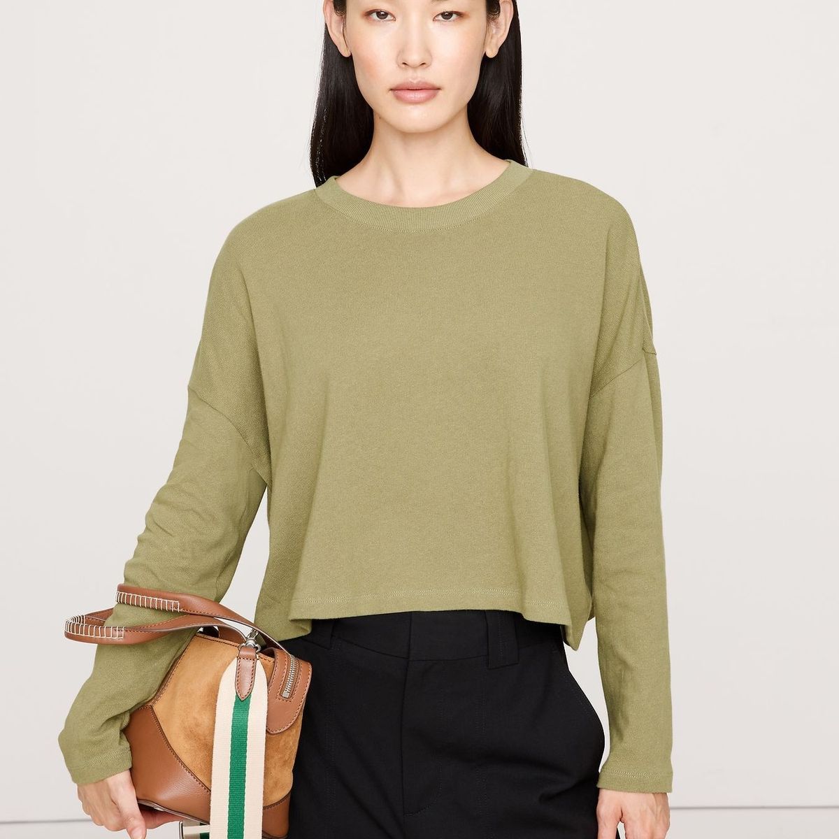 BANANA REPUBLIC - Polera Mujer Banana Republic Algodón Manga Larga Cropped Verde