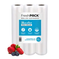 FRESHPACK - Pack 3 Rollos Bolsa Sellado Al Vacio 28cm X 5mt 80 Micras