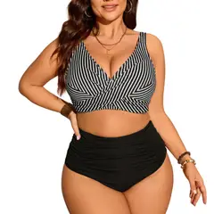 HIPSY SWIMWEAR - Bikini Tiro Alto con Top Cruzado a Rayas y Calzón Rib