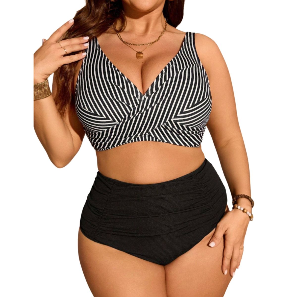 HIPSY SWIMWEAR - Bikini Tiro Alto con Top Cruzado a Rayas y Calzón Rib