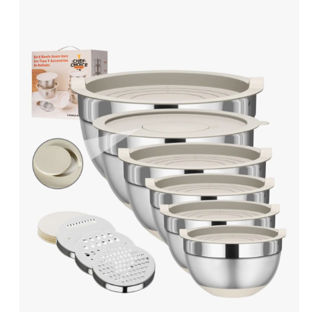 GENERICO - Set 6 Bowls Acero Inoxidable Con Tapa Accesorios Rallador Plateado