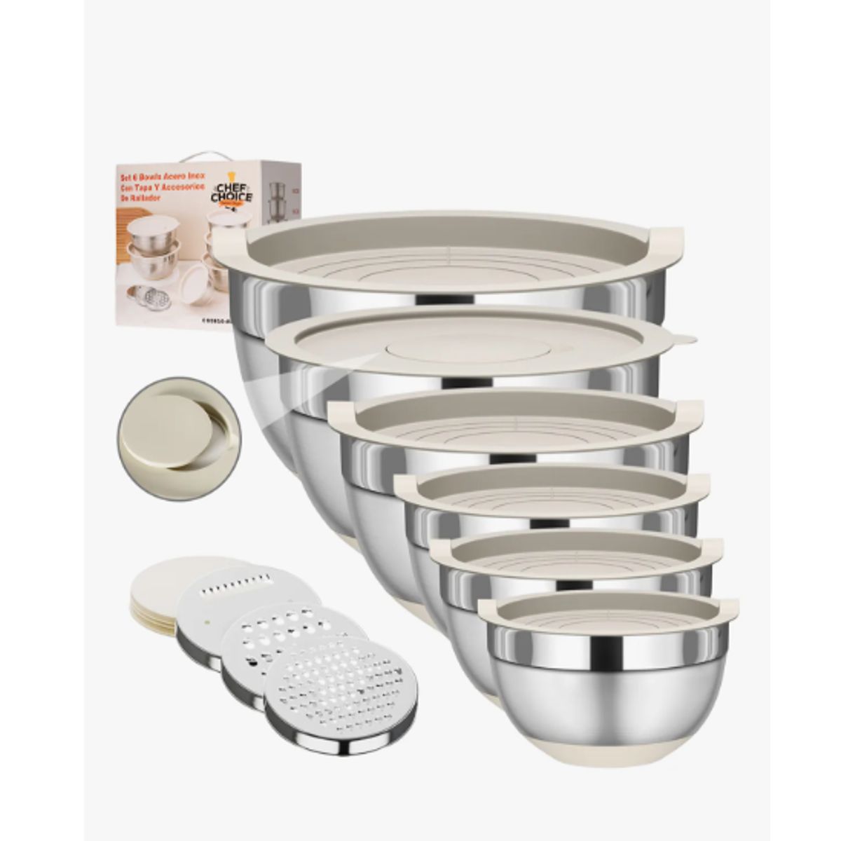 GENERICO - Set 6 Bowls Acero Inoxidable Con Tapa Accesorios Rallador Plateado