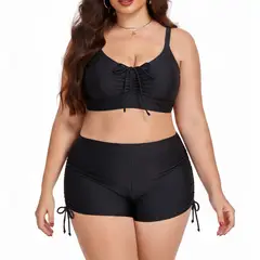 HIPSY SWIMWEAR - Bikini Tankini Negro con Short de Tiro Alto y Cordones