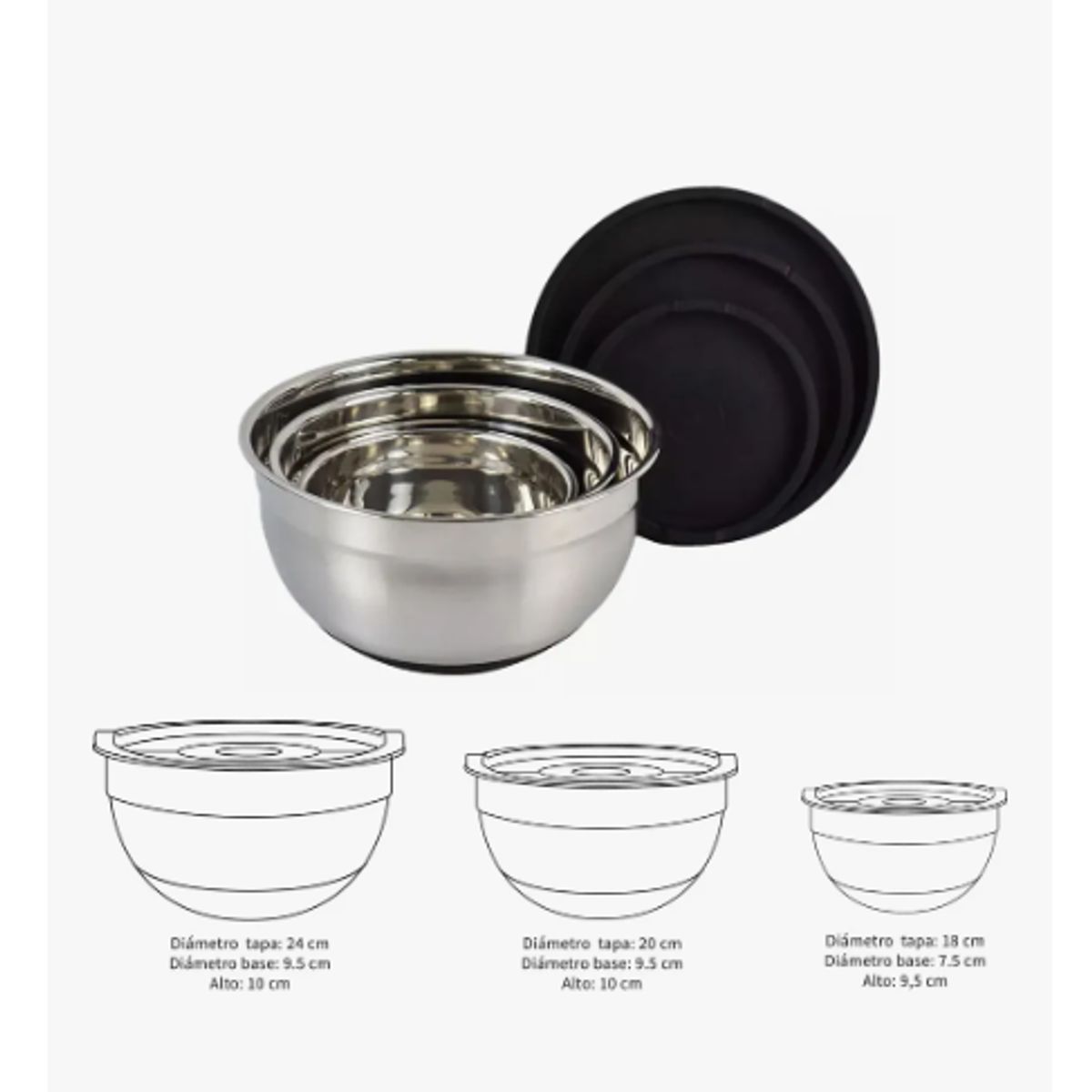 GENERICO - Set De 3 Bowls De Acero Inoxidable Con Tapa, Antideslizantes