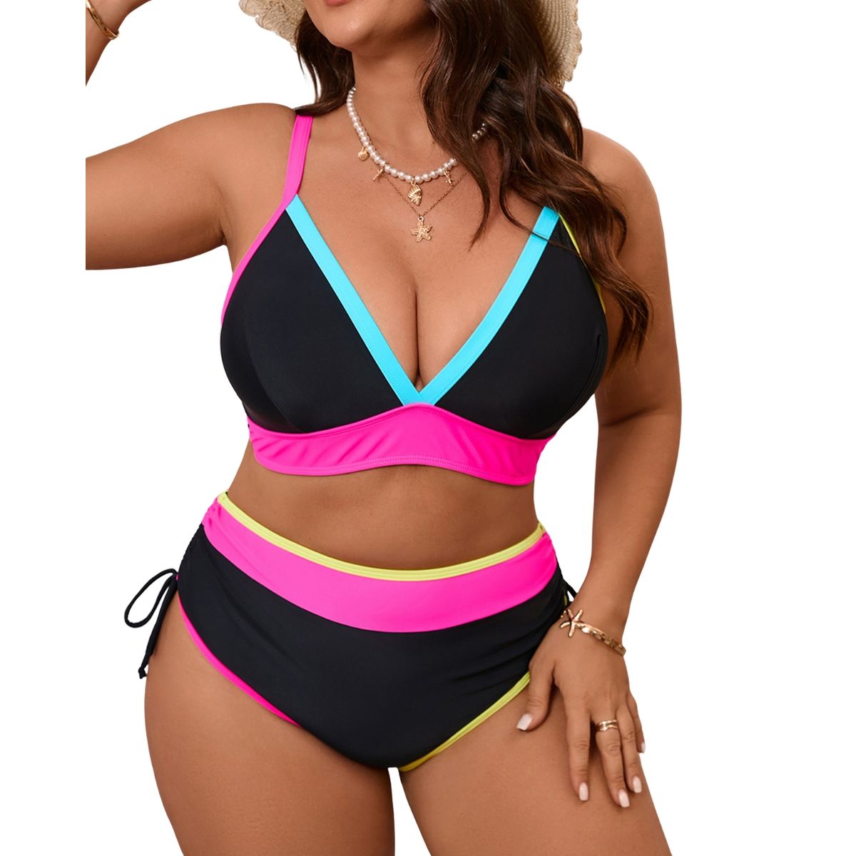 HIPSY SWIMWEAR - Bikini Tiro Alto Negro Bordes Neón