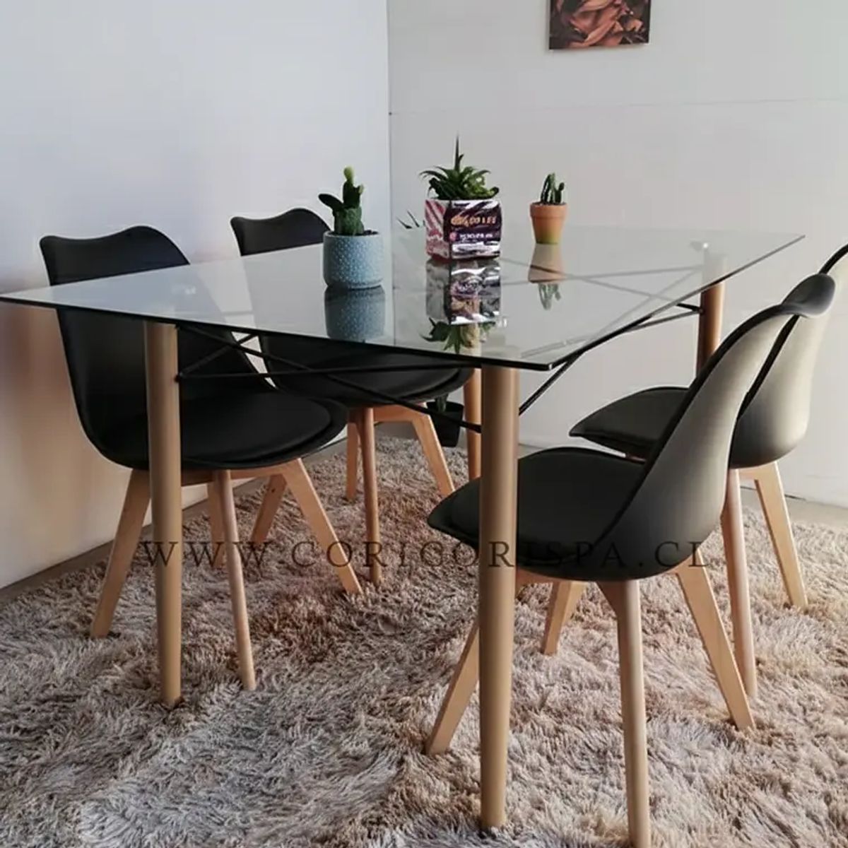 CORI CORI - Mesa Crox Vidrio 140x80 cms + 4 Sillas Tulip