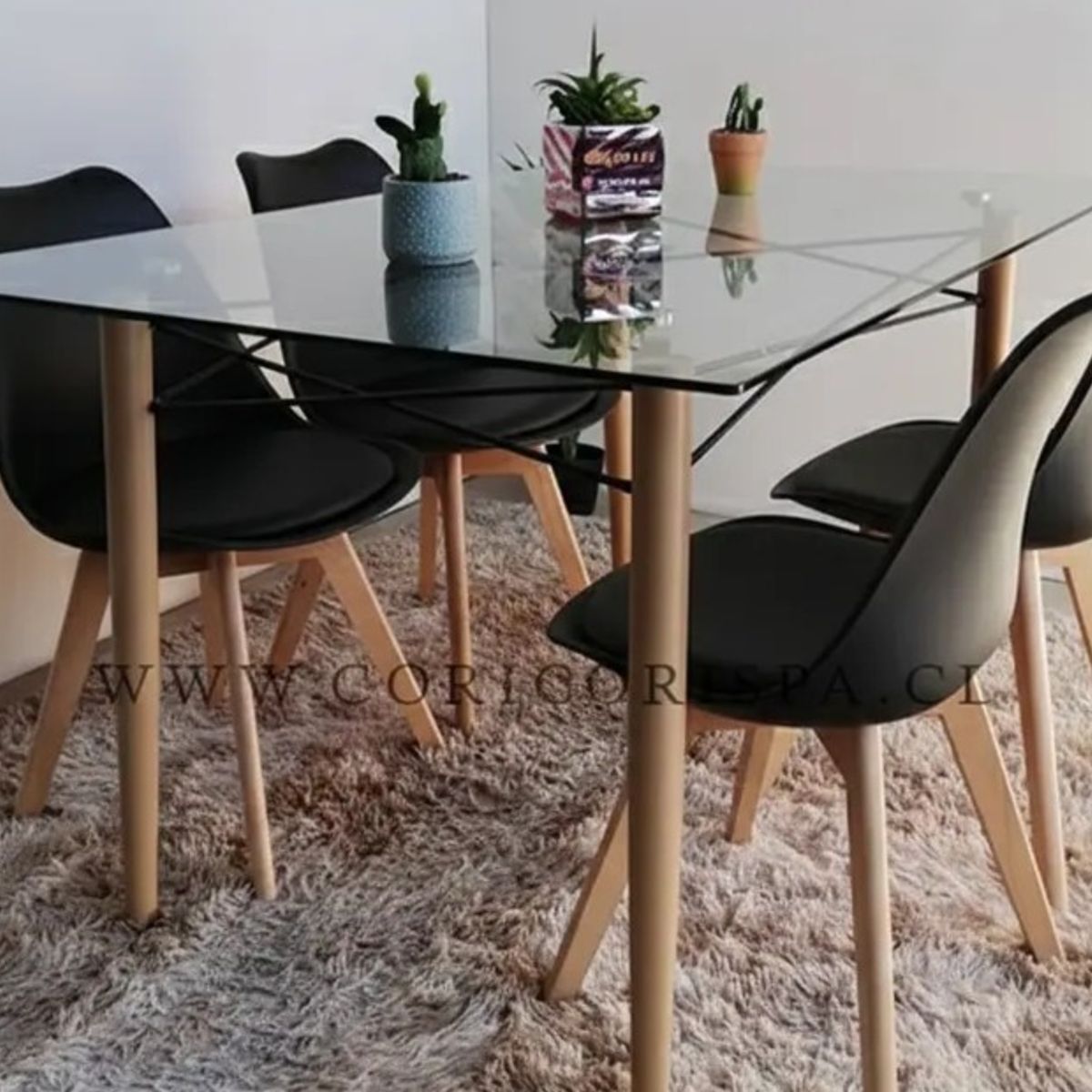 CORI CORI - Mesa Crox Vidrio 140x80 cms + 4 Sillas Tulip