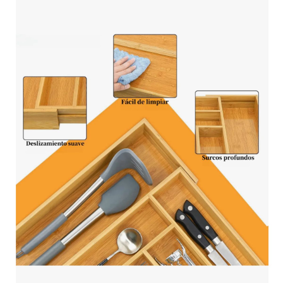 GENERICO - Organizador Cubiertos Bambú Extensible Amarillo