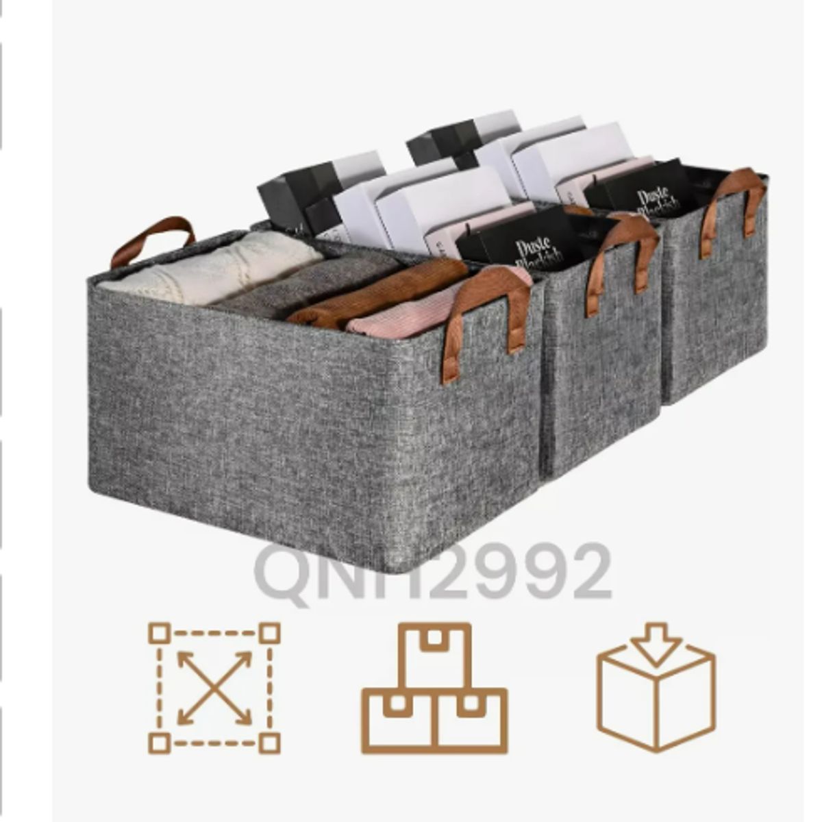 GENERICO - 3x Bolsas Organizador Ropa Caja Plegable Asa Almacenamiento Gris Oscuro Lisa