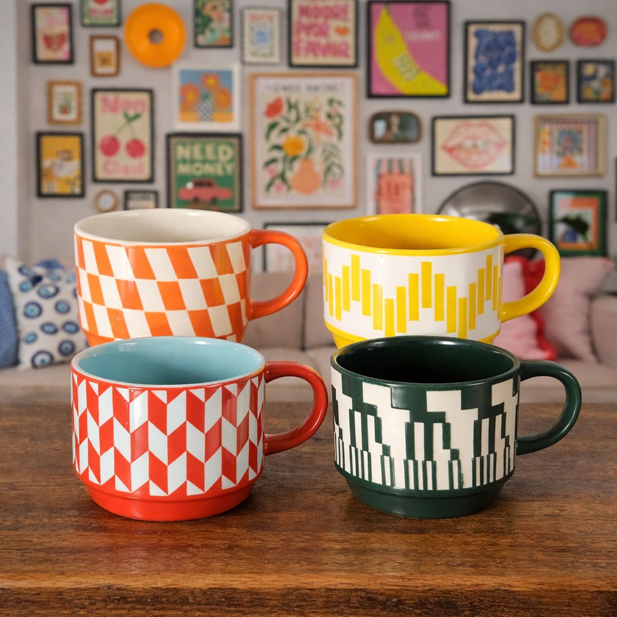 GENERICO - Set 4 Tazas Ceramica Coloridas Diseño Retro Geometrico Surtido