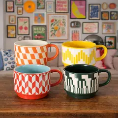 GENERICO - Set 4 Tazas Ceramica Coloridas Diseño Retro Geometrico Surtido