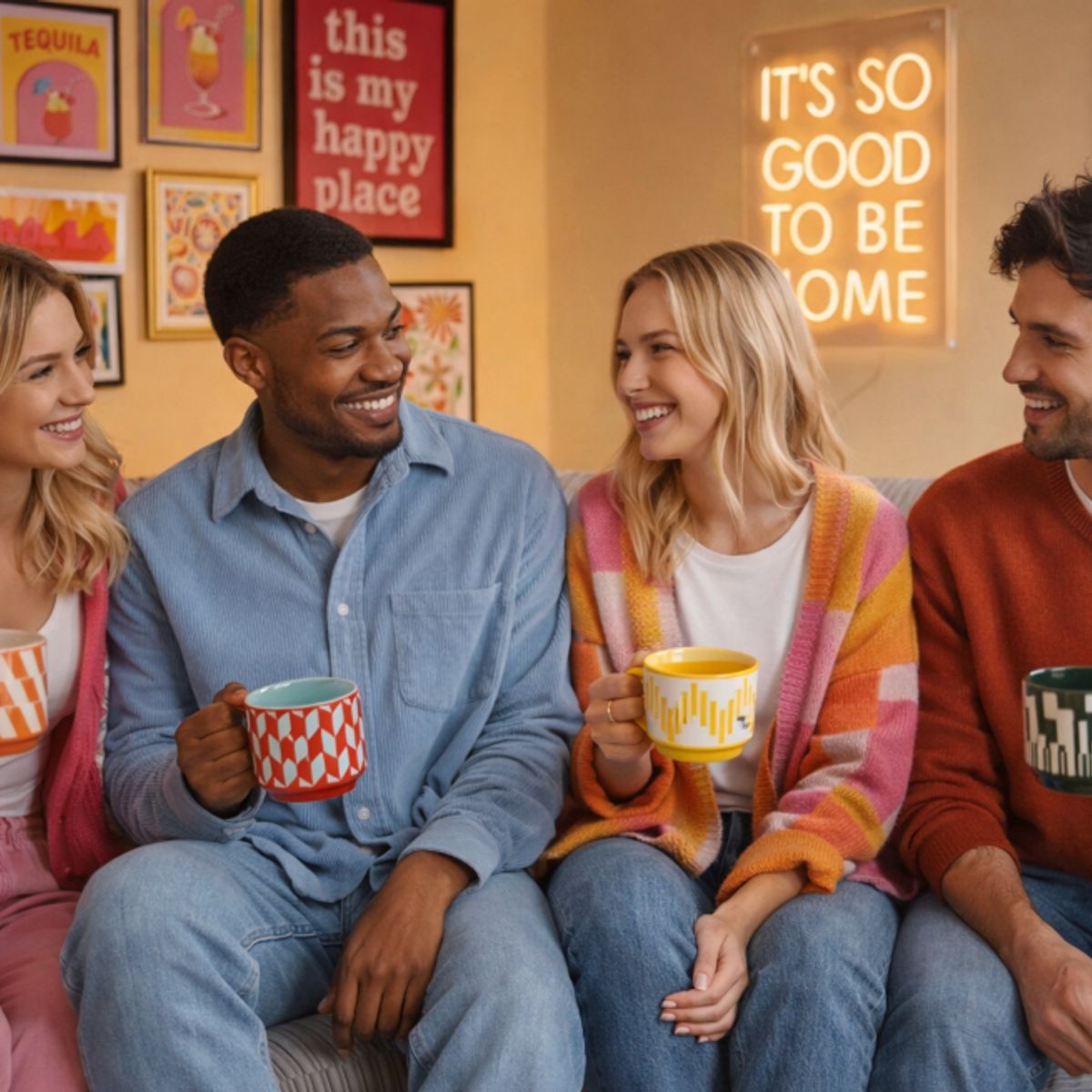 GENERICO - Set 4 Tazas Ceramica Coloridas Diseño Retro Geometrico Surtido