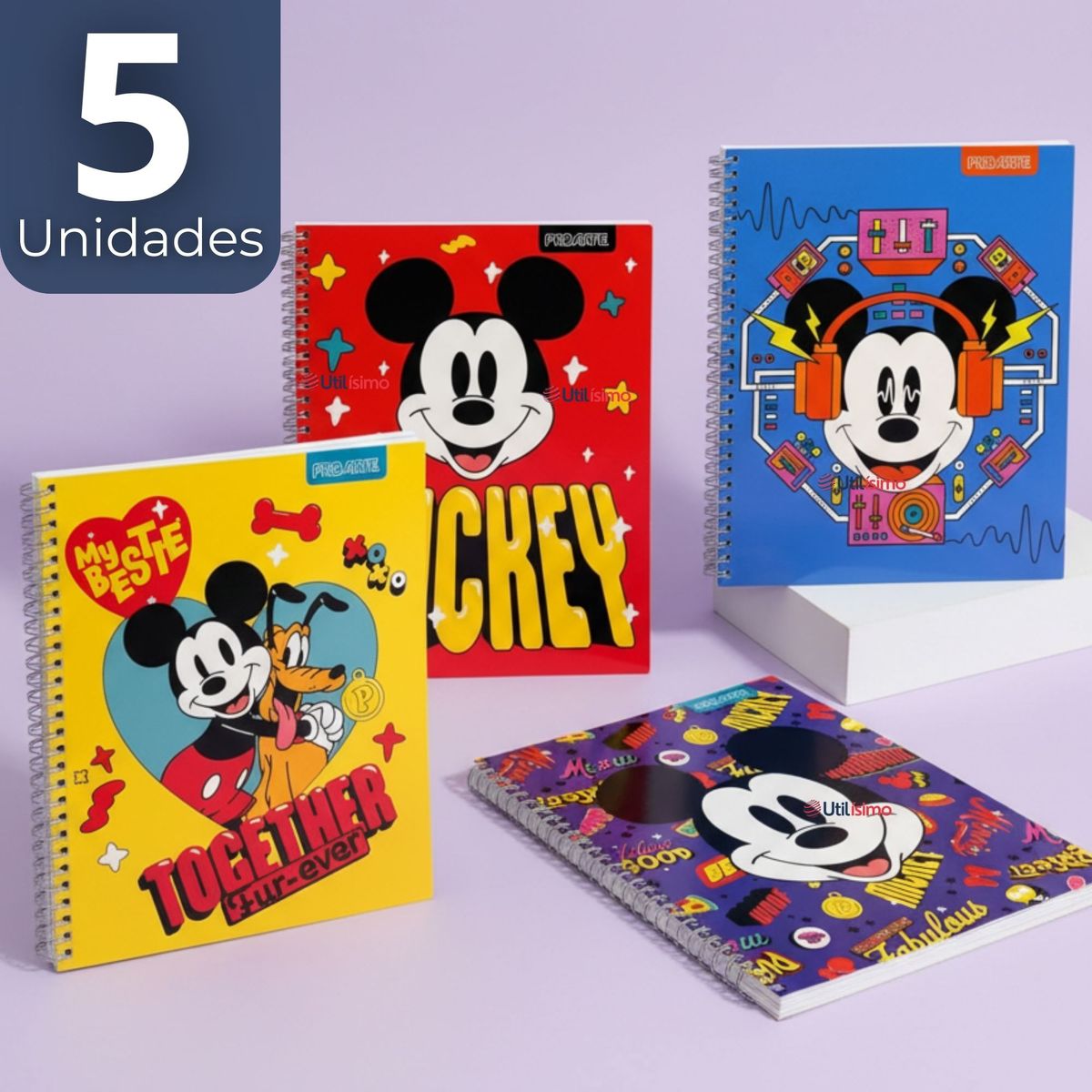 PROARTE - Pack 5 Cuadernos Universitarios Mickey Mouse Proarte 7mm 100 Hojas Diseños Surtidos