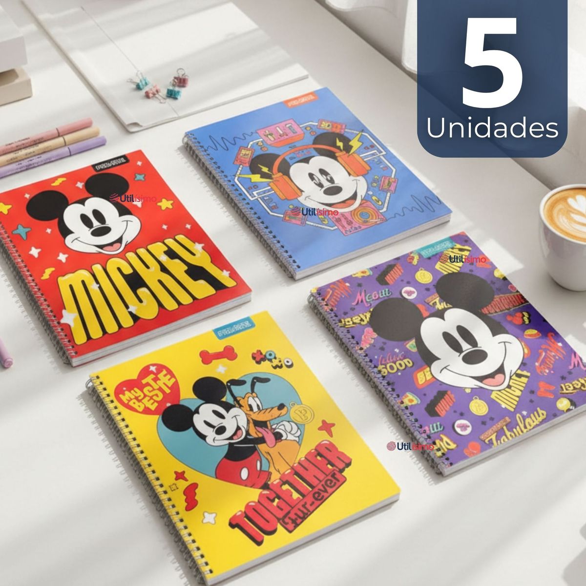 PROARTE - Pack 5 Cuadernos Universitarios Mickey Mouse Proarte 7mm 100 Hojas Diseños Surtidos