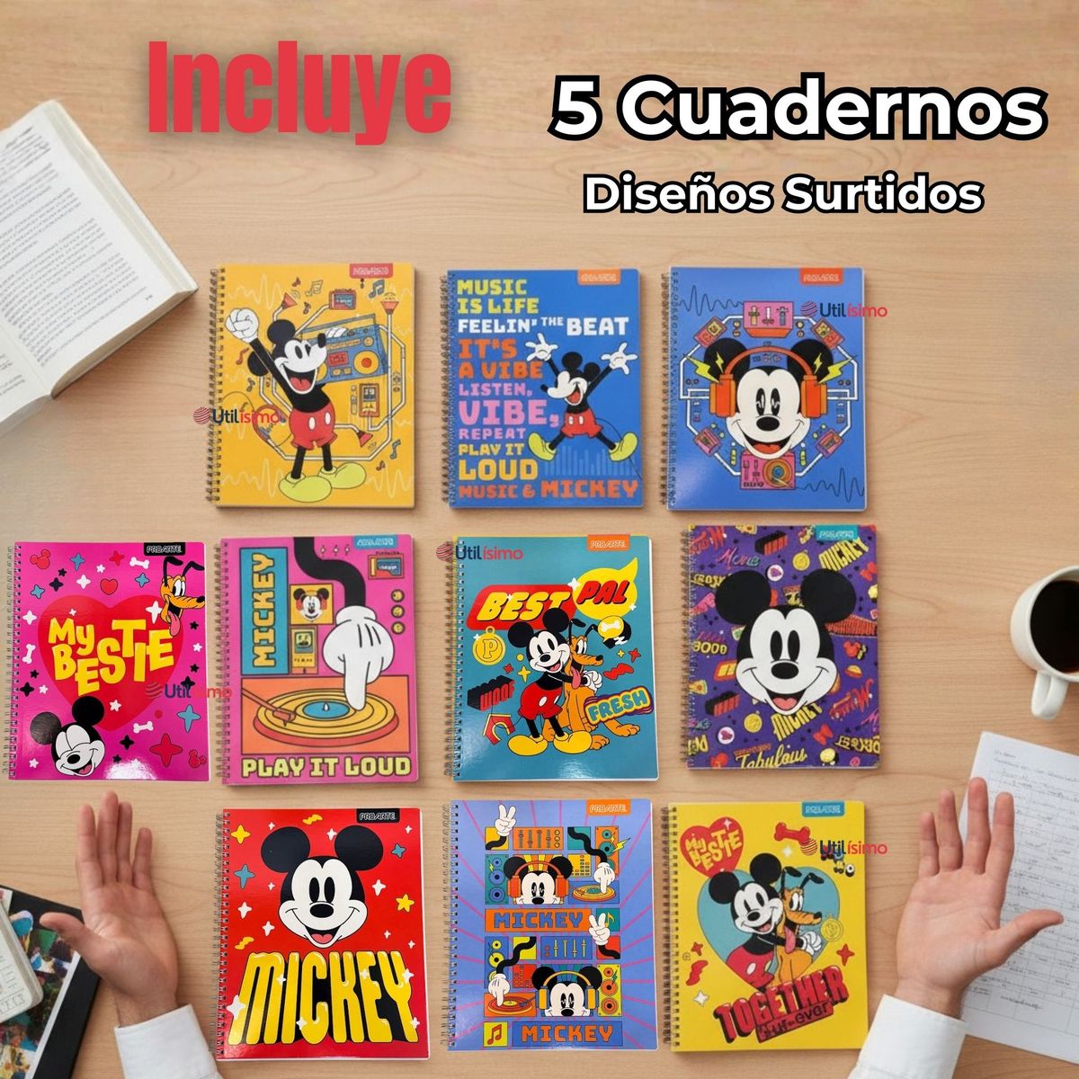 PROARTE - Pack 5 Cuadernos Universitarios Mickey Mouse Proarte 7mm 100 Hojas Diseños Surtidos