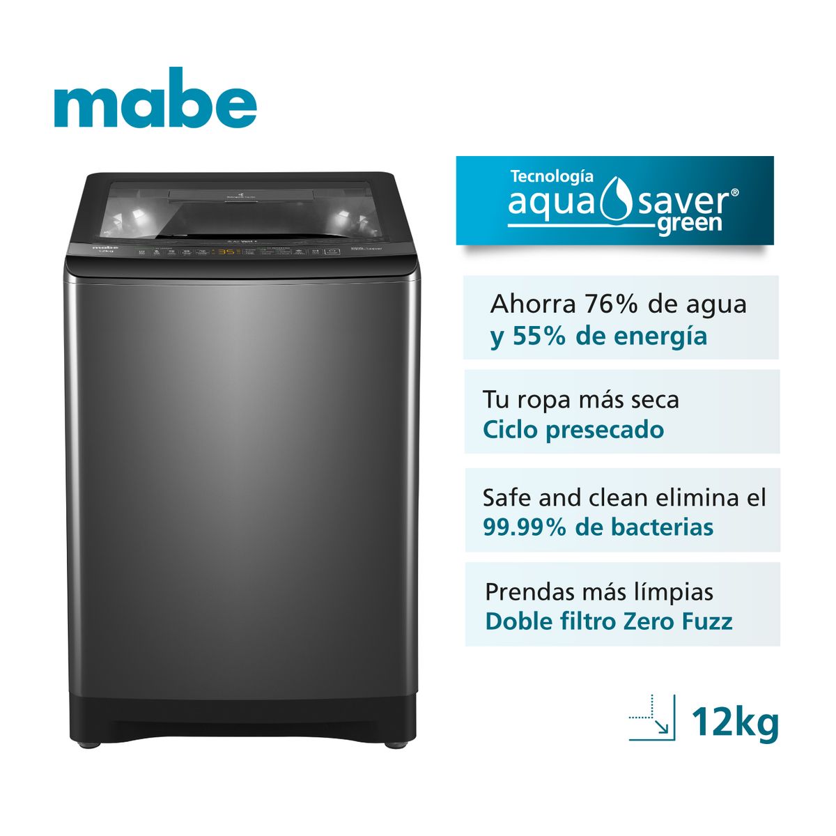 MABE - Lavadora Aqua Saver Green Automática 12Kg Diamond Gray Mabe LMA2120WDGCL0